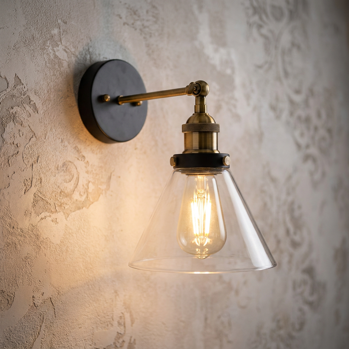 Aken black and gold adjustable wall light with a clear conical glass shade on a textured wall.