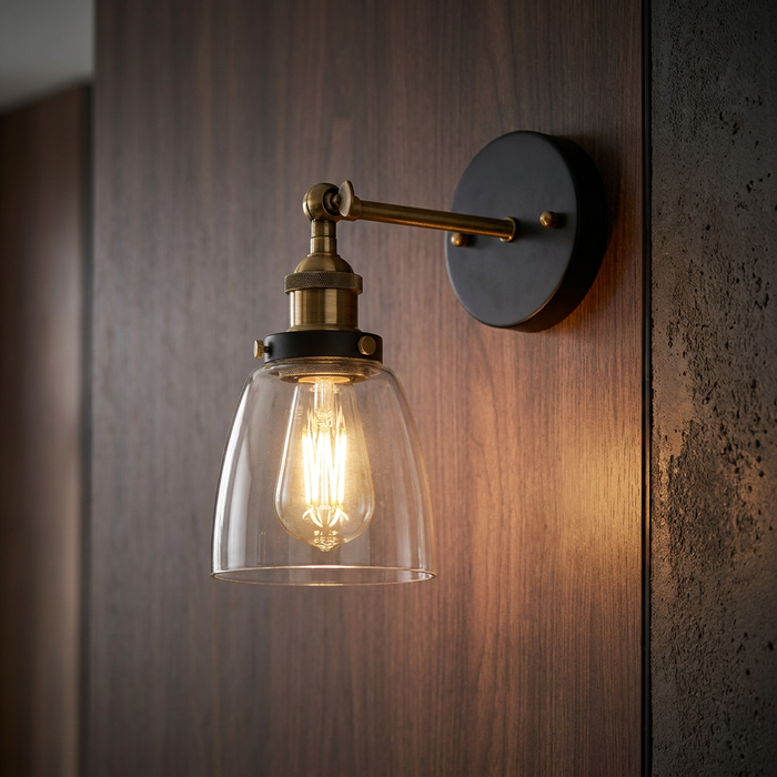 Black and gold adjustable wall light with a clear glass bell shade and glowing bulb on a dark wood panel.
