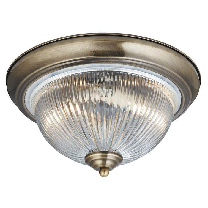 Art Deco Ceiling Lights - Searchlight American Diner Antique Brass Finish And Clear Ribbed Glass Flush Ceiling Light 4370