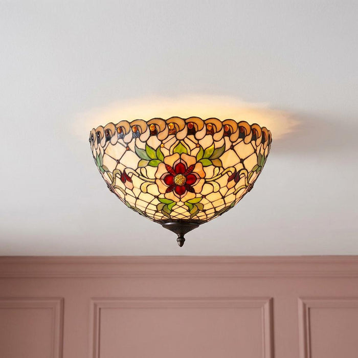 Angelique Small Flush Tiffany Ceiling Light with floral stained glass pattern on a white ceiling.