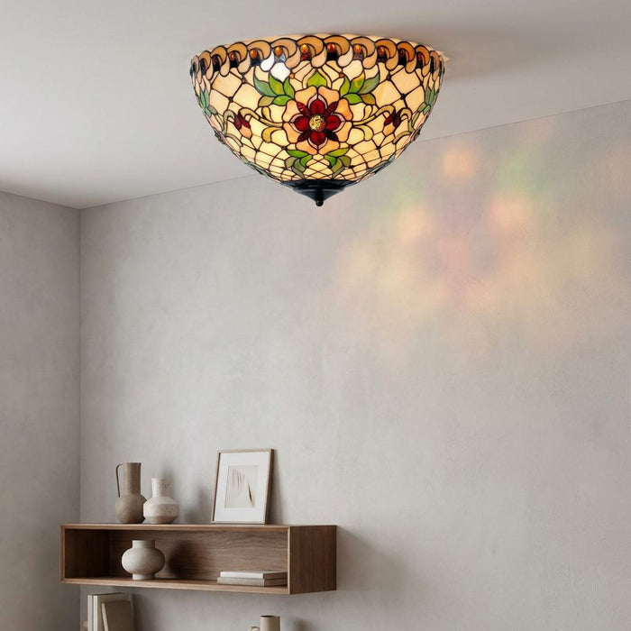 Angelique Small Flush Tiffany Ceiling Light with red floral patterns in a minimalist modern room.