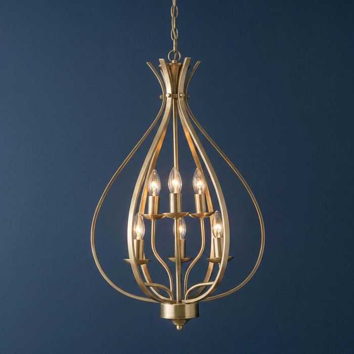 Araba antique brass 6-light pendant ceiling light featuring a teardrop-shaped cage against a dark blue background.
