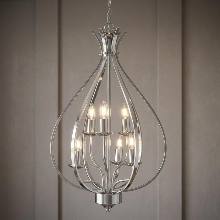 Araba 6-light chrome pendant light with an open teardrop metal frame and six glowing candle-style bulbs.