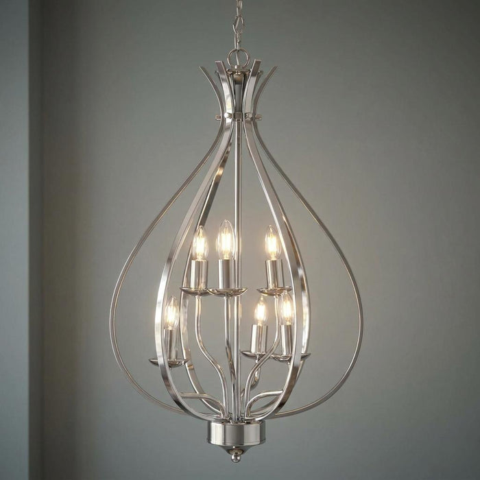 Araba 6-light chrome pendant ceiling light with a teardrop-shaped metal frame and candle-style bulbs.