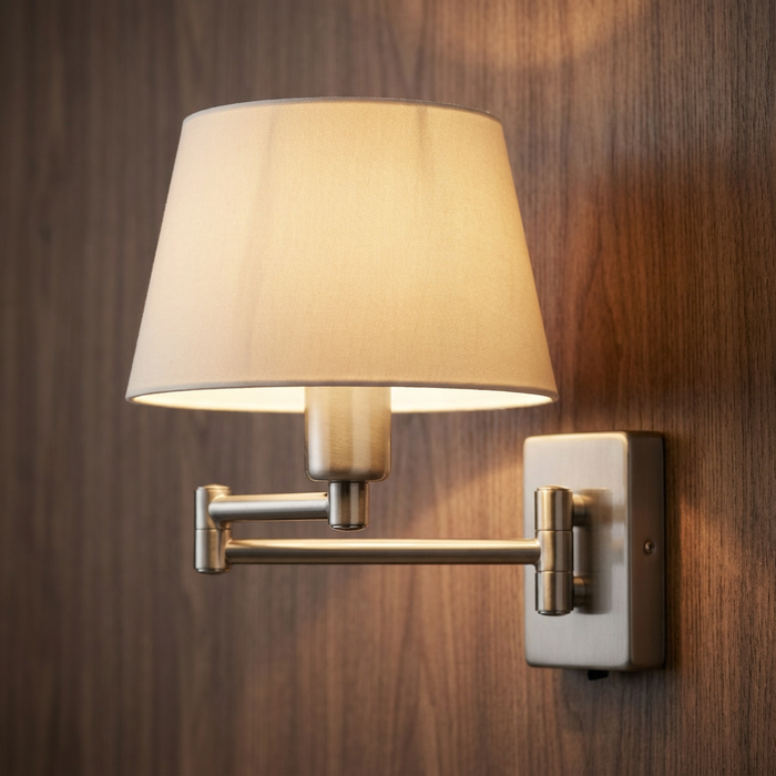 Armada Antique Chrome wall light with double swing arm and fabric shade mounted on a wood-paneled wall.