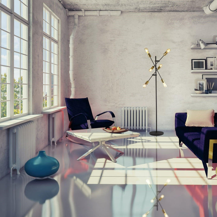 armstrong 6 light black and satin brass floor lamp   by searchlighting lighting, living room image