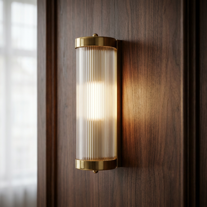 Art Deco wall light with a reeded glass cylinder and brass caps mounted on dark wood paneling.