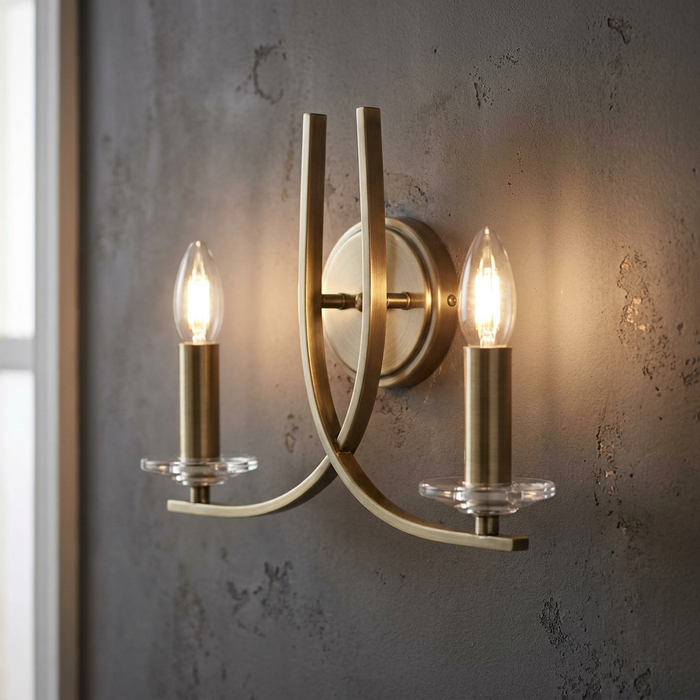 Antique brass wall light with two candle bulbs and clear glass sconces mounted on a dark textured wall.