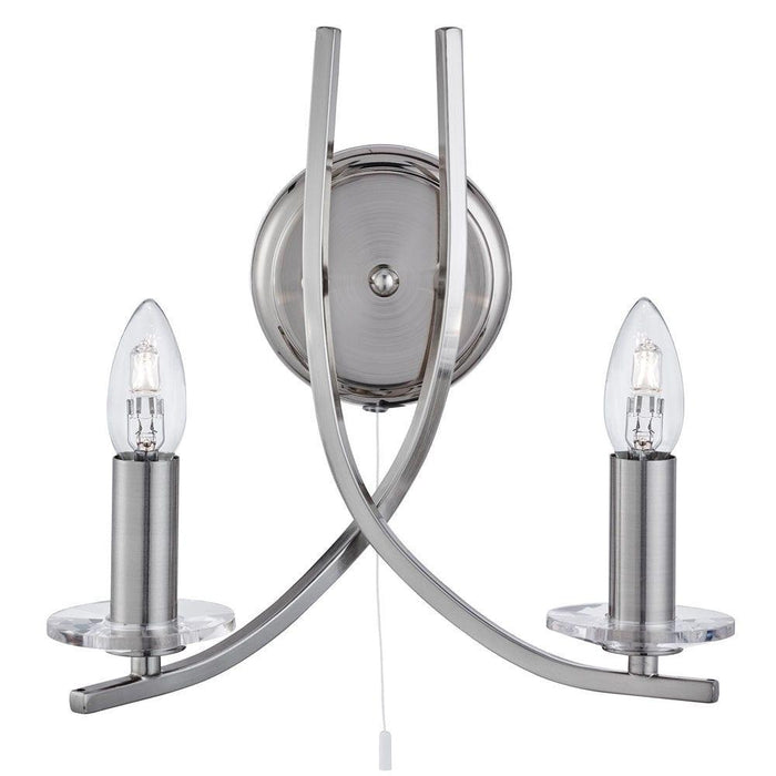 ascona 2 lt satin silver wall light with clear glass sconces