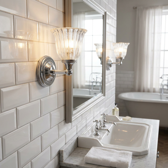 Lit polished chrome wall light with a fluted glass cloche shade on a white subway tile bathroom wall.