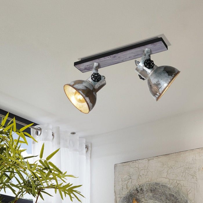 eglo barnstaple wood distressed steel 2 light bar spotlight