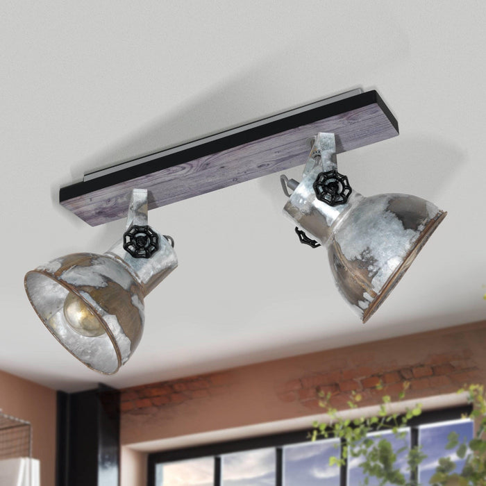 eglo barnstaple wood distressed steel 2 light bar spotlight living room image