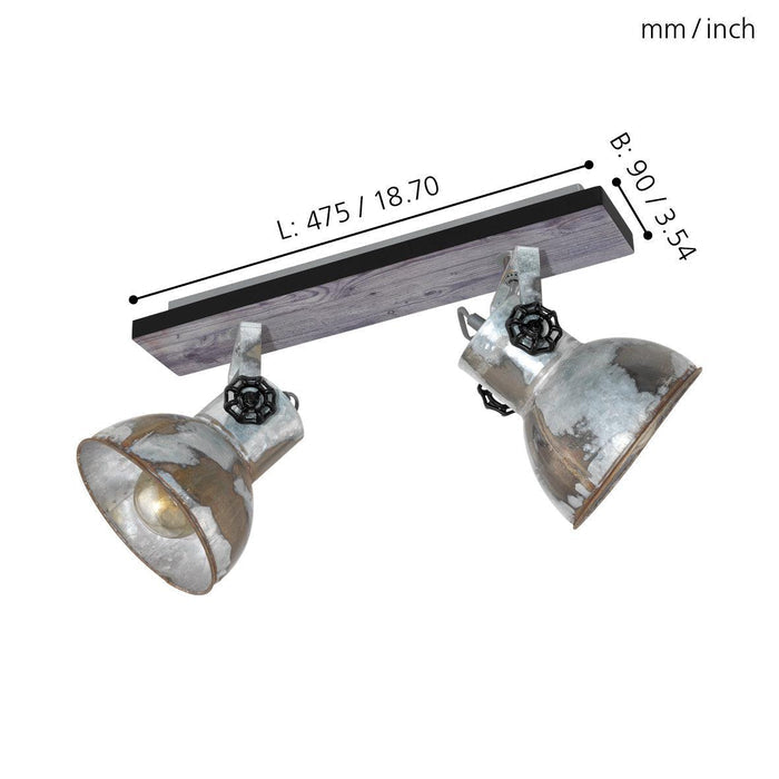 eglo barnstaple wood distressed steel 2 light bar spotlight living room close up