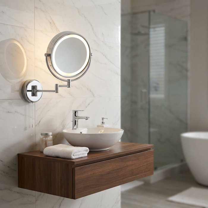 Illuminated chrome swing arm mirror on a marble wall above a wooden vanity with a white vessel sink.