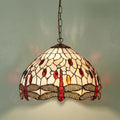 Tiffany pendant light with a beige glass shade featuring red dragonflies and colorful gems hanging from a chain.