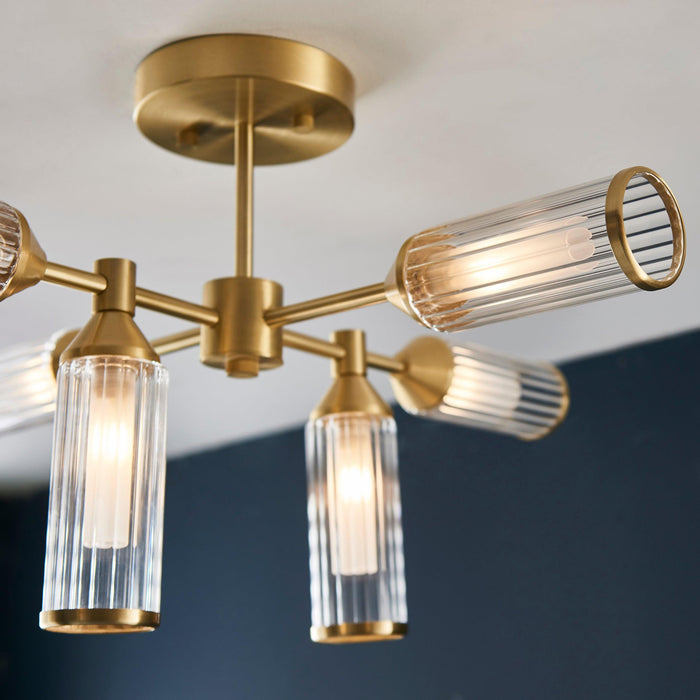 Belsize 6 Light Semi-Flush With Clear Ribbed Glass Shades Hallway close up