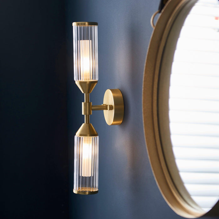 Belsize Brass Double Wall Light - Ribbed Glass Shades Living Room Image