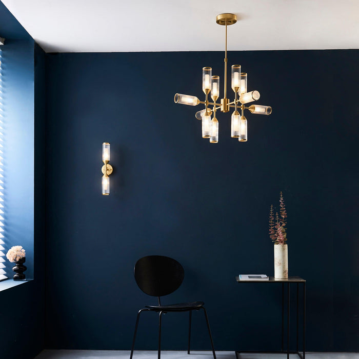 Belsize Brass Double Wall Light - Ribbed Glass Shades Wide Living Room Image