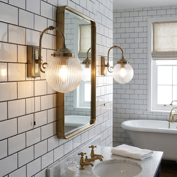 Antique brass bathroom sconces with ribbed globe shades flanking a mirror on a white subway tile wall.