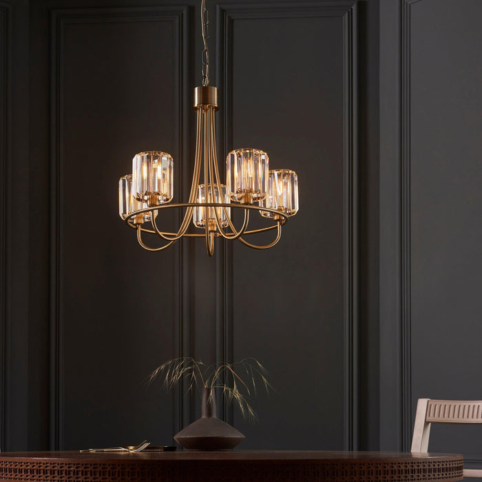 Berenice Brass 5 Light Pendant - Clear Cut Glass Shades-Ceiling Pendant Lights-Endon Lighting Living Room Lighting Tiffany Lighting Direct
