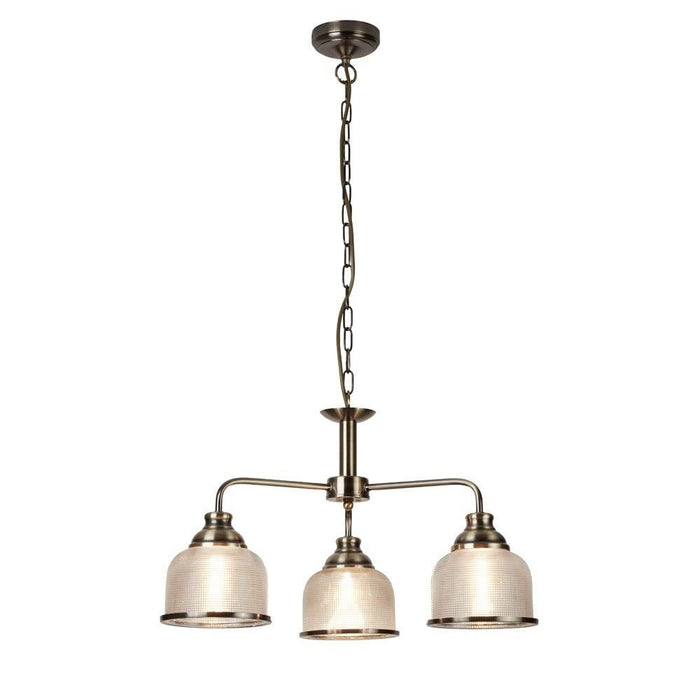 Bistro II 3 Light Brass Pendant - Holophane Glass Shades-Ceiling Pendant Lights-1-Tiffany Lighting Direct