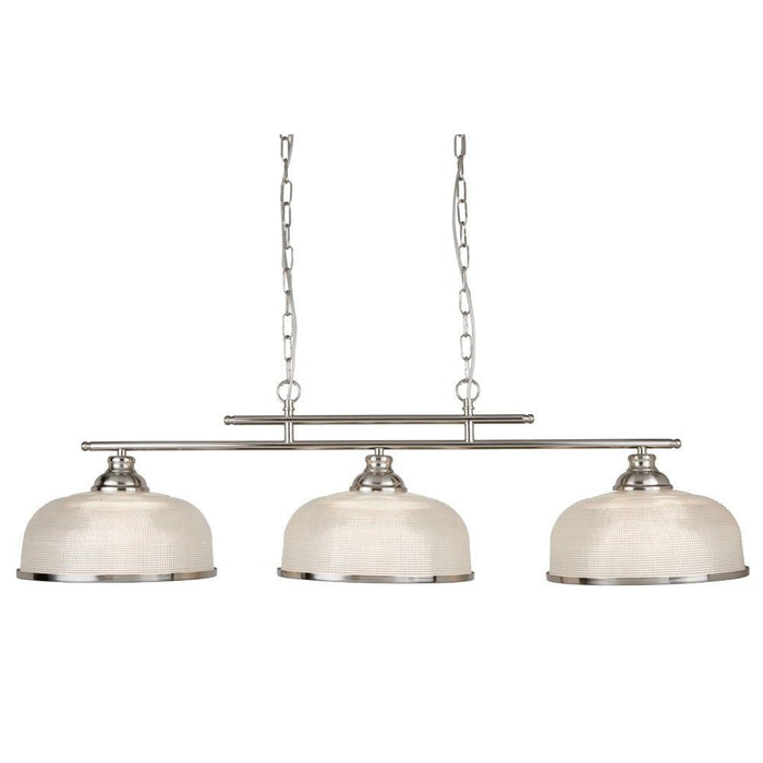 Bistro II 3 Light Silver Bar Pendant - Holophane Glass Shades-Ceiling Pendant Lights-1-Tiffany Lighting Direct