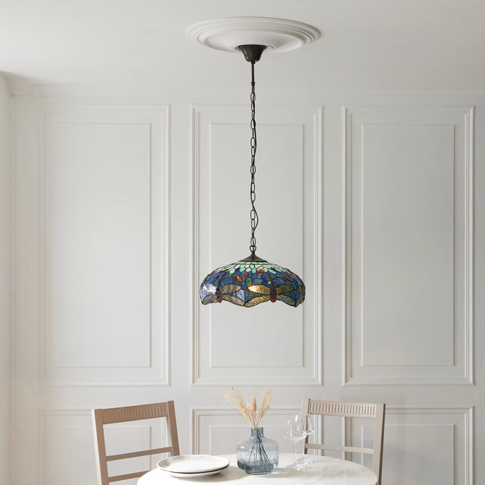 Blue Dragonfly Medium Tiffany Ceiling Light - 1 Bulb Fitting by Interiors 1900 — suits living rooms, dining rooms & hallways