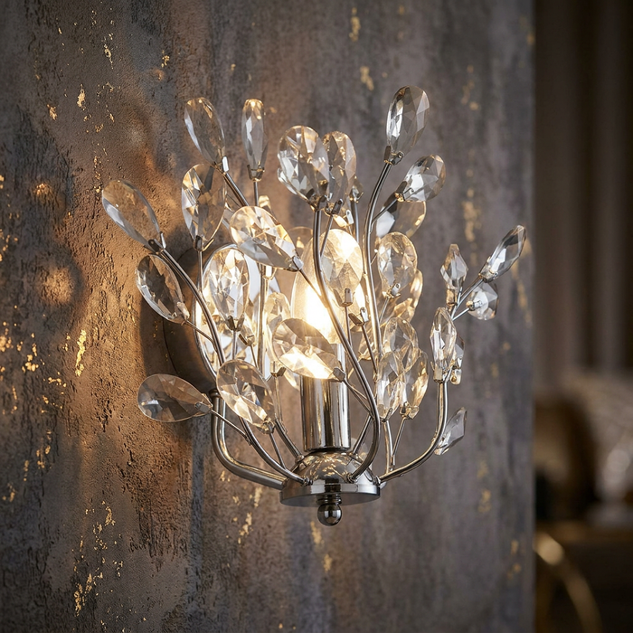 Bouquet 1 Light Chrome Wall Sconce with crystal glass droplets on a textured wall.