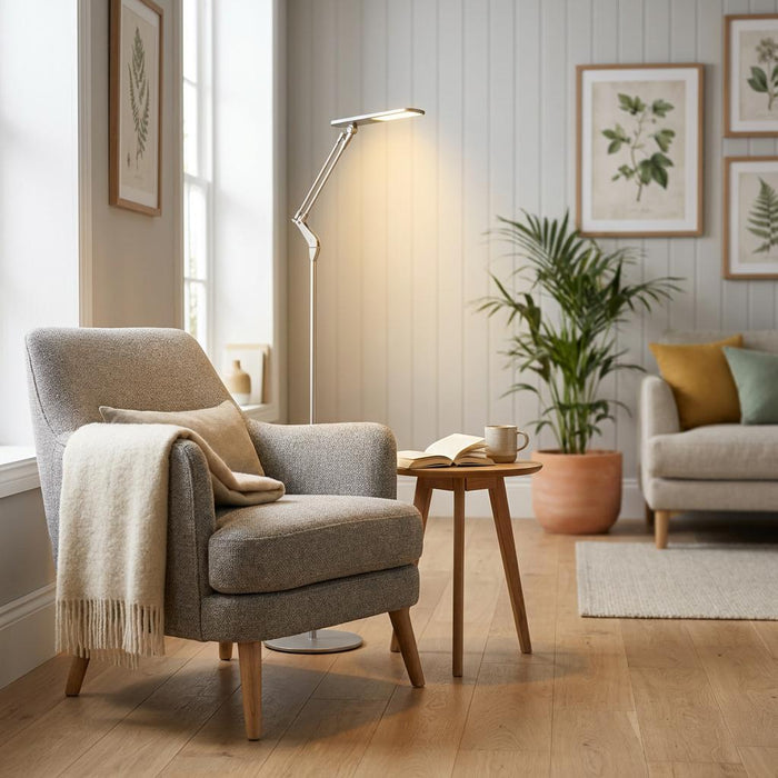 Modern silver LED floor lamp illuminating a cozy reading nook with a gray armchair and side table.