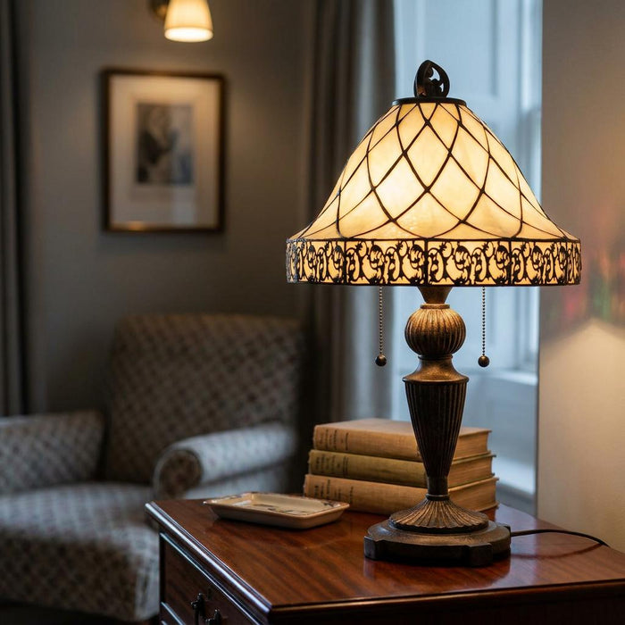 Cambridge Tiffany table lamp with an ornate cream lattice shade on a wooden side table in a cozy living room.