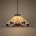 Tiffany-style pendant light with a triangular floral stained glass shade hanging from a bronze chain.
