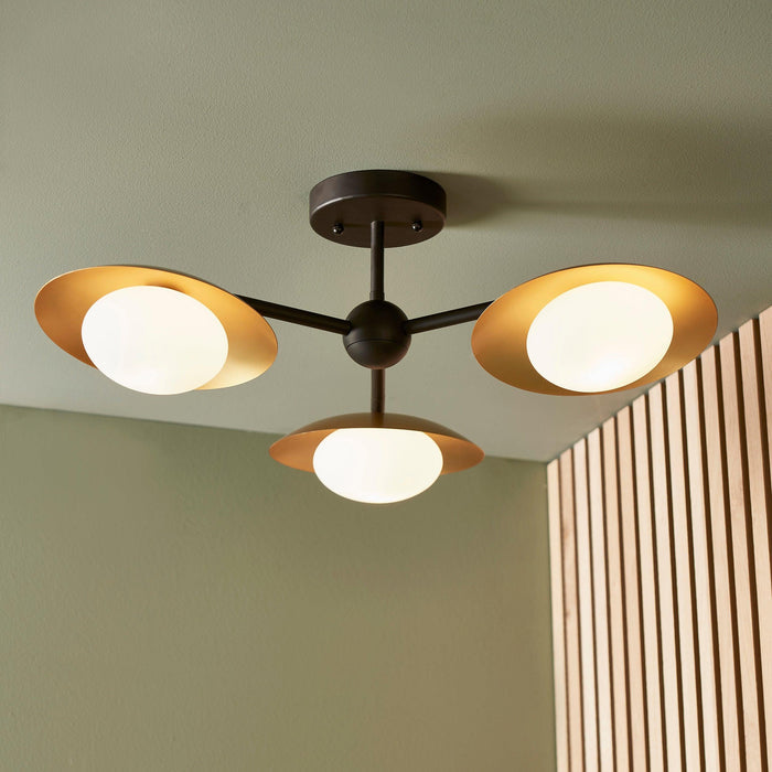 Carlton 3 Light Black & Gold Living room Semi Flush - Opal Glass Shades Image 2