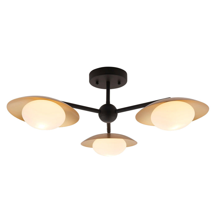 Carlton 3 Light Black & Gold Living room Semi Flush - Opal Glass Shades Image 1
