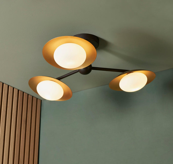 Carlton 3 Light Black & Gold Living room Semi Flush - Opal Glass Shades Image 3