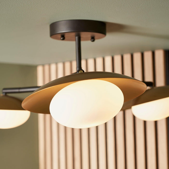 Carlton 3 Light Black & Gold Living room Semi Flush - Opal Glass Shades Image 4