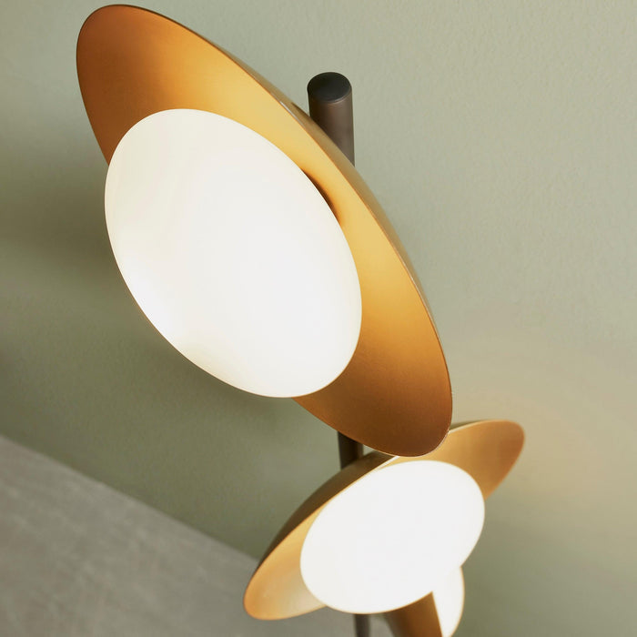 carlton gold dish floor lamp opal glass shades Close Up Lit Image