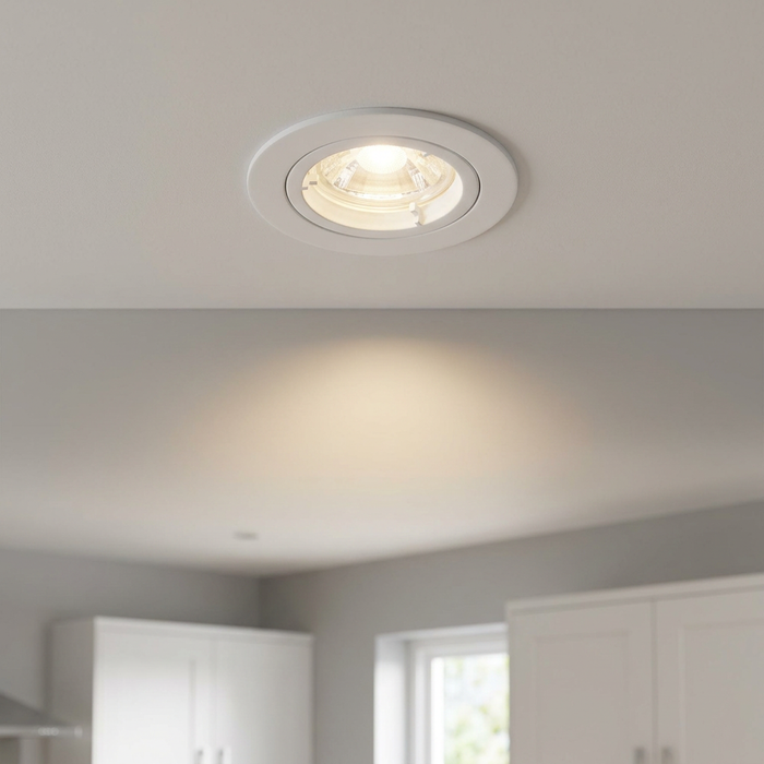 Warm-lit Cast Matt White Recessed Downlight installed in a white ceiling above a blurred kitchen.