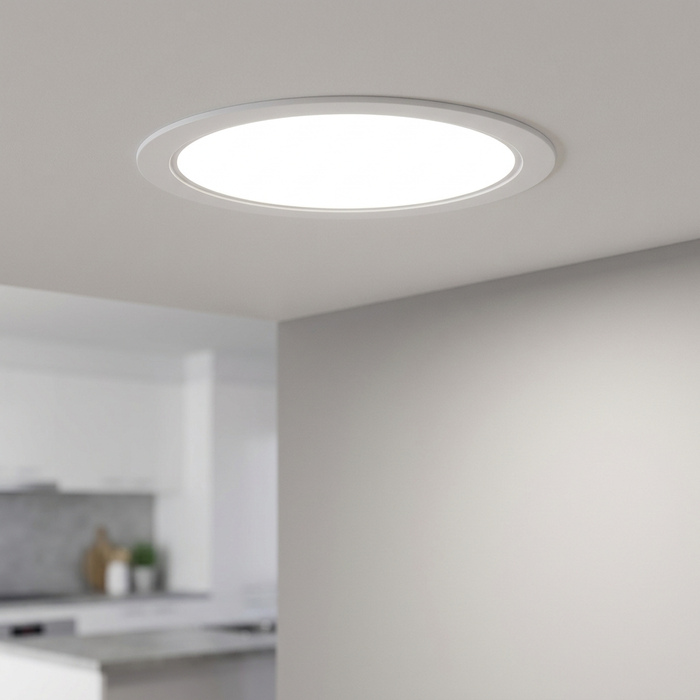 Round white recessed ceiling light illuminated in a modern kitchen setting.