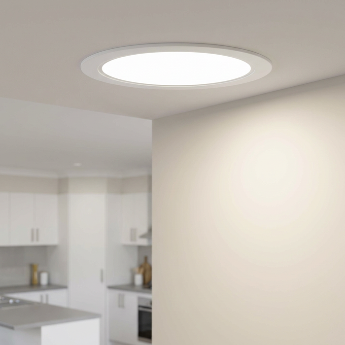 Circo 24W circular recessed ceiling light installed in a modern kitchen, casting a warm glow on a neutral wall.