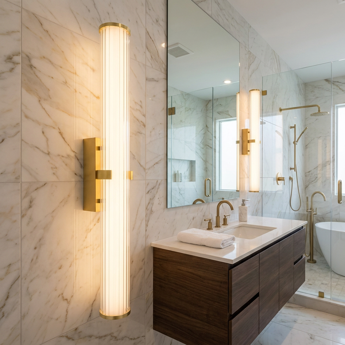 A long vertical gold wall sconce with opal ribbed glass glows in a luxury marble-tiled bathroom.