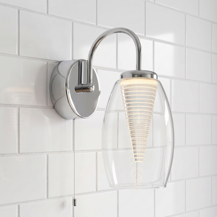 Cyclone 1 Light Chrome Kitchen Wall Light - Glass Shade - Cord Pull — alternate view