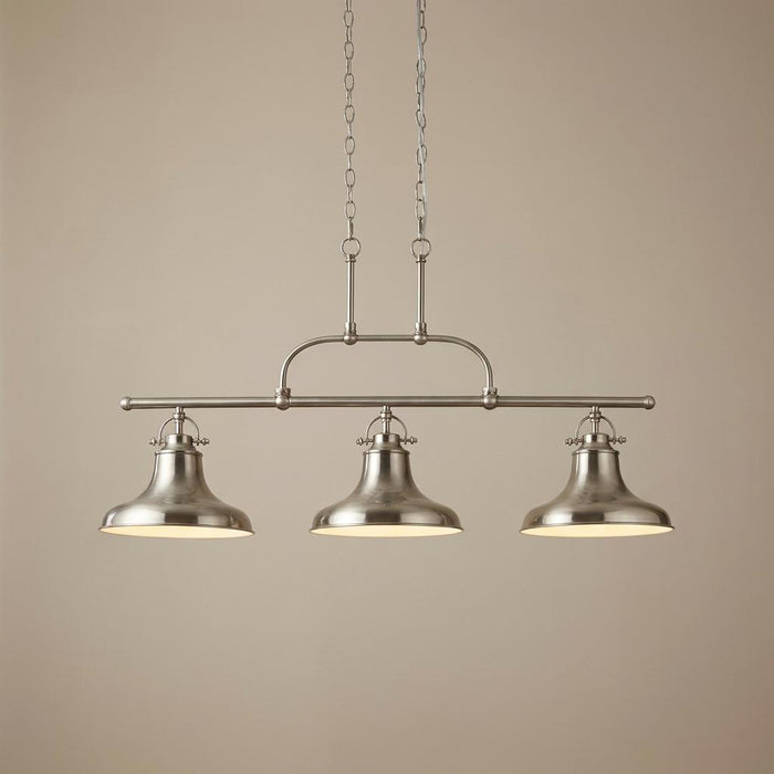 Dallas industrial satin silver kitchen bar ceiling light with three bell-shaped shades hanging from chains.