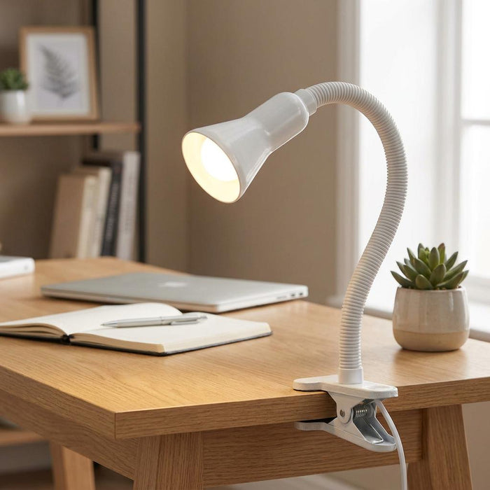 Desk Partners - White Flex Clip Desk Lamp on wooden desk