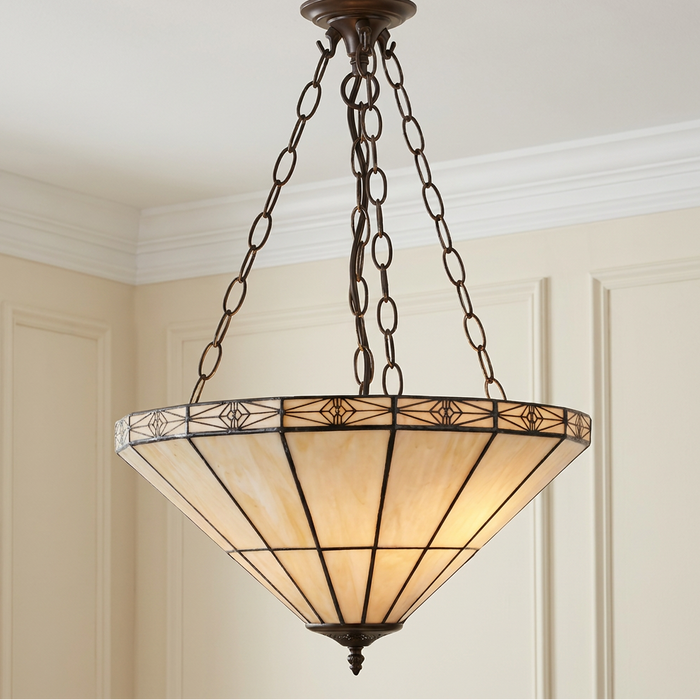 Dorchester Large Inverted Tiffany Ceiling Light with cream stained glass panels and bronze chains.
