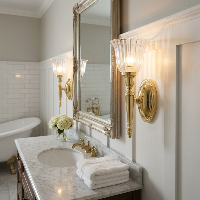 A pair of polished brass wall sconces with ribbed cloche shades flanking a mirror in a traditional bathroom.