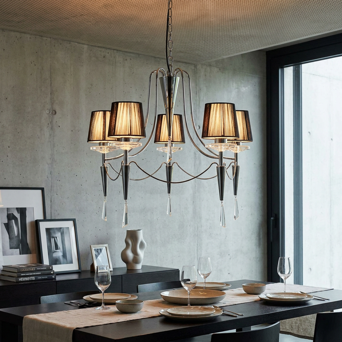 Duchess 5-light chrome chandelier with black string shades and crystal drops over a modern dining table.