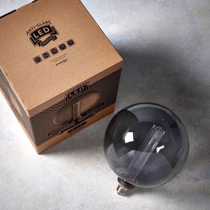 e27 smoked glass globe internal cylinder led 2 8w light bulb Close Up Lit Image