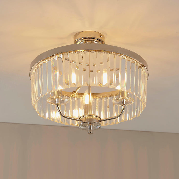 Ealing 3 Light Round Nickel & Clear Cut Glass Semi Flush Living room close up