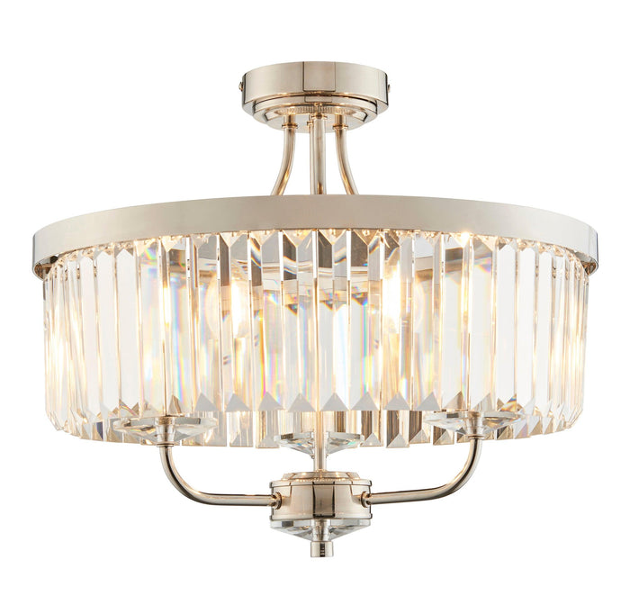 Ealing 3 Light Round Nickel & Clear Cut Glass Semi Flush Living room Image
