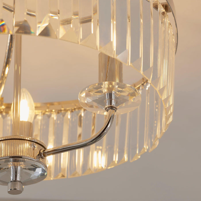Ealing 3 Light Round Nickel & Clear Cut Glass Semi Flush Living room close up